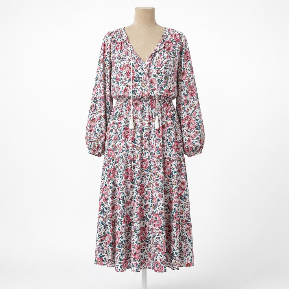 Floral Long Sleeve Peasant Dress Size XL Pink Tassel Boho Cottagecore Prairie